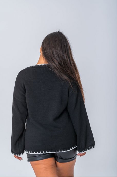 Pull en maille à détails bords crochet contrastants coloris noir - vue dos