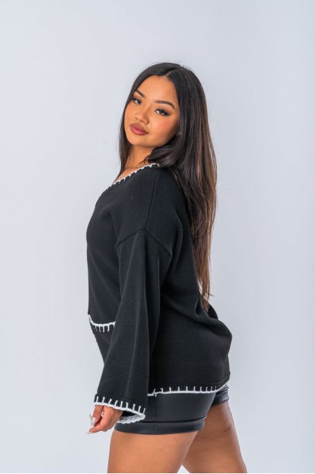 Pull en maille à détails bords crochet contrastants coloris noir - vue profil