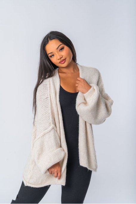 Gilet en laine mélangée coloris beige manches bouffantes - vue face
