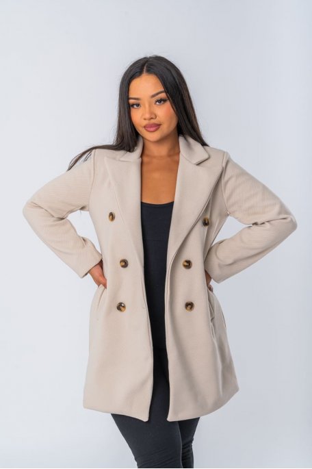 Manteau en laine mélangée coloris beige coupe mi-longue - vue face