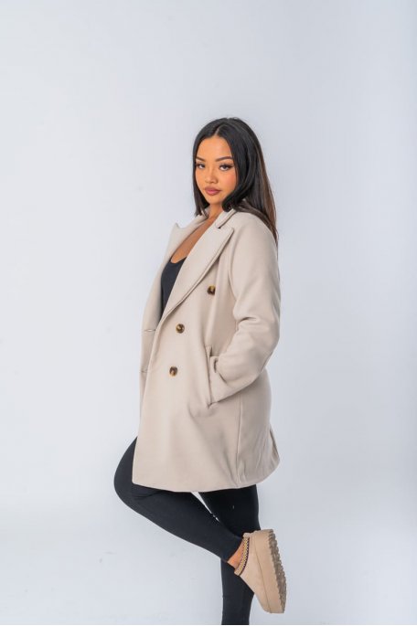 Manteau en laine mélangée coloris beige coupe mi-longue - vue profil