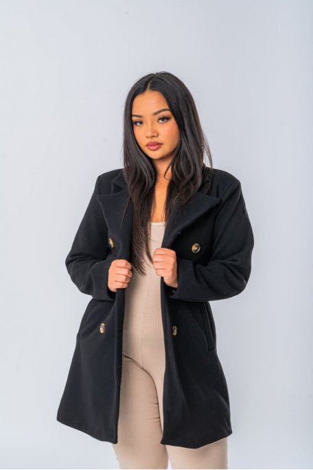 Manteau en laine mélangée coloris noir coupe mi-longue - vue face