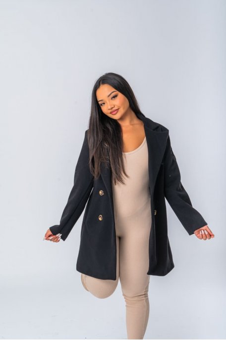 Manteau en laine mélangée coloris noir coupe mi-longue - vue full look