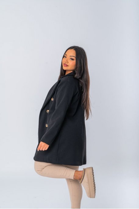 Manteau en laine mélangée coloris noir coupe mi-longue - vue profil