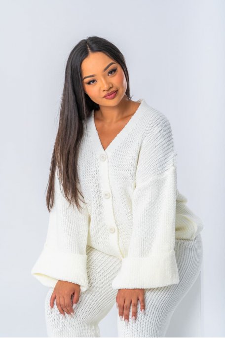 Ensemble en maille gilet boutonné et pantalon coloris blanc - vue face