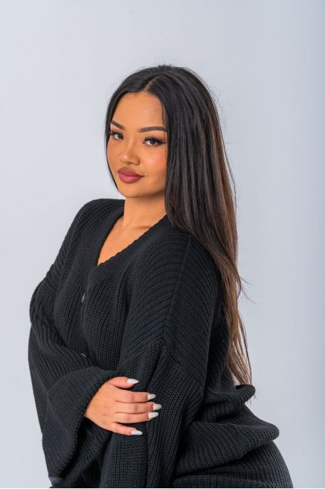 Ensemble en maille coloris noir gilet boutonné et pantalon - vue détails