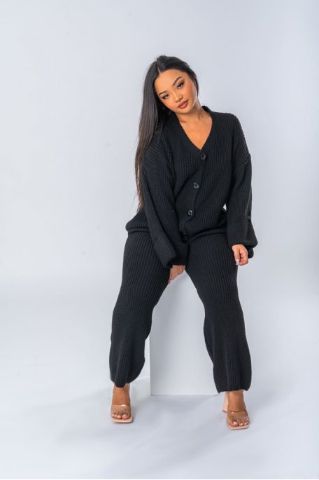 Ensemble en maille coloris noir gilet boutonné et pantalon - vue face