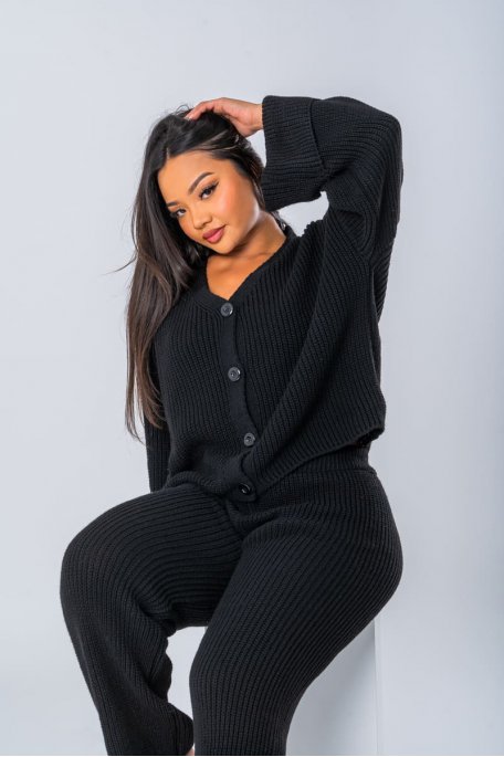 Ensemble en maille coloris noir gilet boutonné et pantalon - vue face zoom