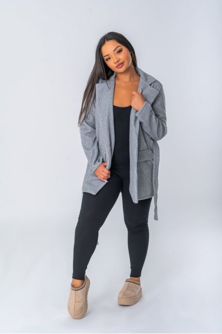Manteau style blazer avec ceinture à nouer coloris gris - vue face