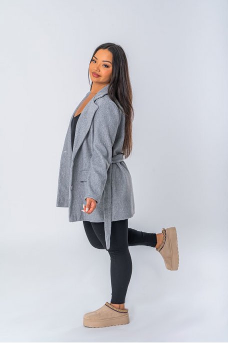 Manteau style blazer avec ceinture à nouer coloris gris - vue profil