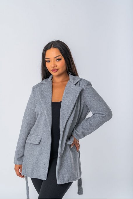 Manteau style blazer avec ceinture à nouer coloris gris - vue zoom