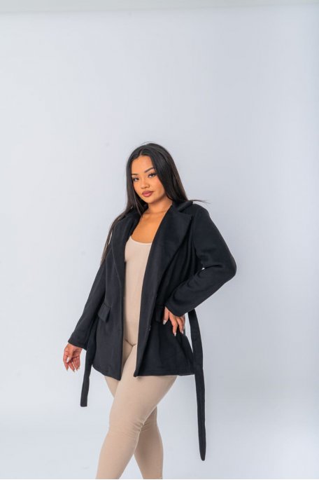 Manteau style blazer avec ceinture à nouer coloris noir - vue côté
