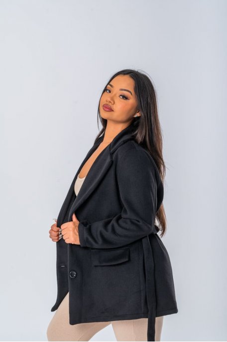 Manteau style blazer avec ceinture à nouer coloris noir - vue profil