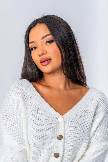 Gilet en maille à boutons dorés coloris blanc - vue face
