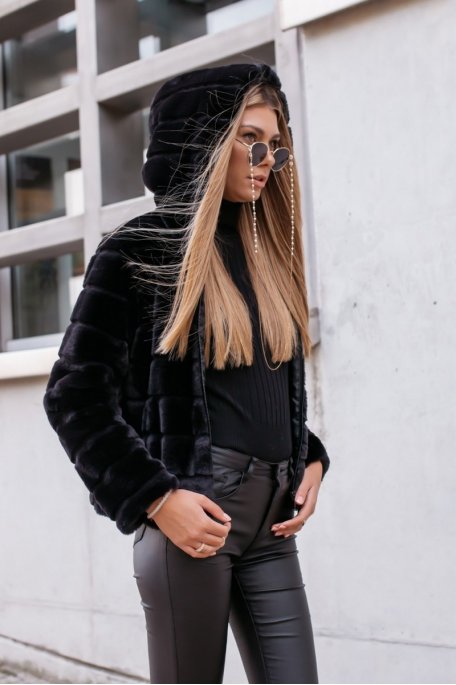 Black faux fur hooded jacket