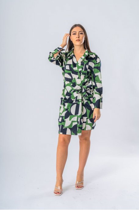 Robe fluide portefeuille motifs géométriques coloris vert - vue de face full