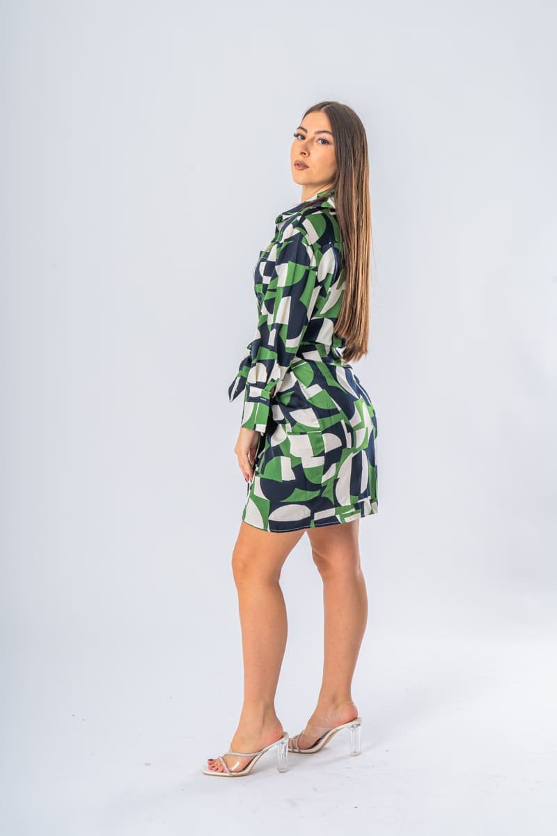 Robe fluide portefeuille motifs géométriques coloris vert - vue de profil