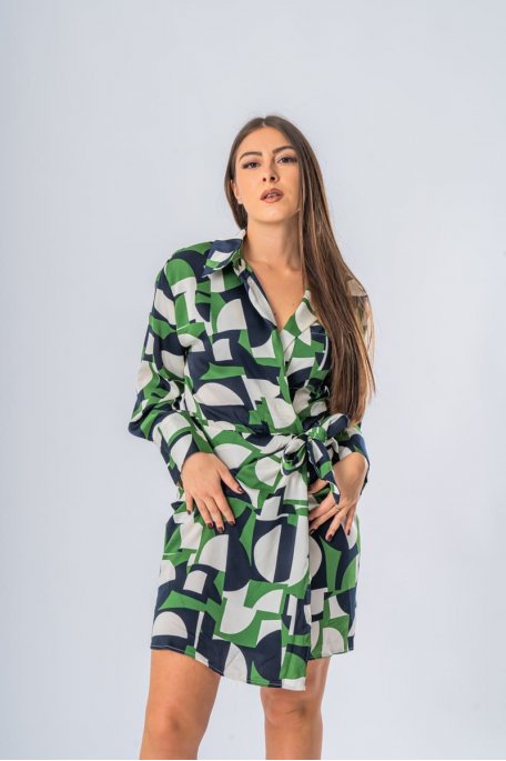 Robe fluide portefeuille motifs géométriques coloris vert - vue de face zoom