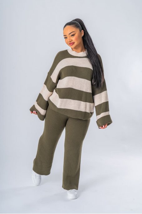 Ensemble coloris kaki pull et pantalon en maille à rayures - vue de face