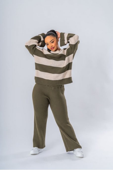 Ensemble coloris kaki pull et pantalon en maille à rayures - vue de face full