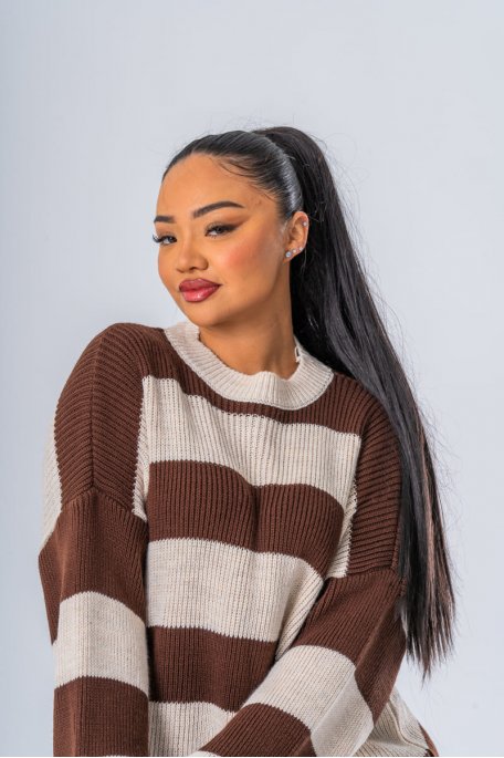 Ensemble marron à rayures pull et pantalon en maille - vue de face détails