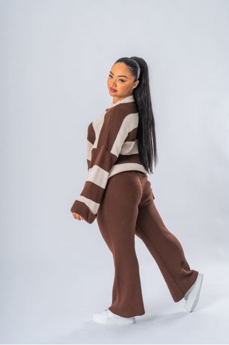 Ensemble marron à rayures pull et pantalon en maille - vue de profil