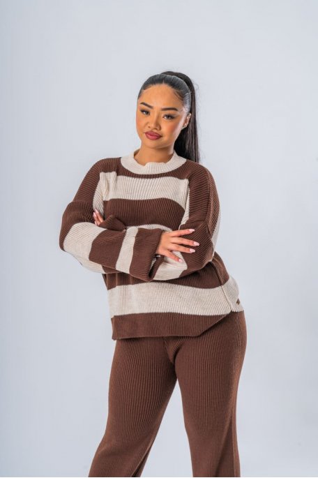 Ensemble marron à rayures pull et pantalon en maille - vue de face zoom