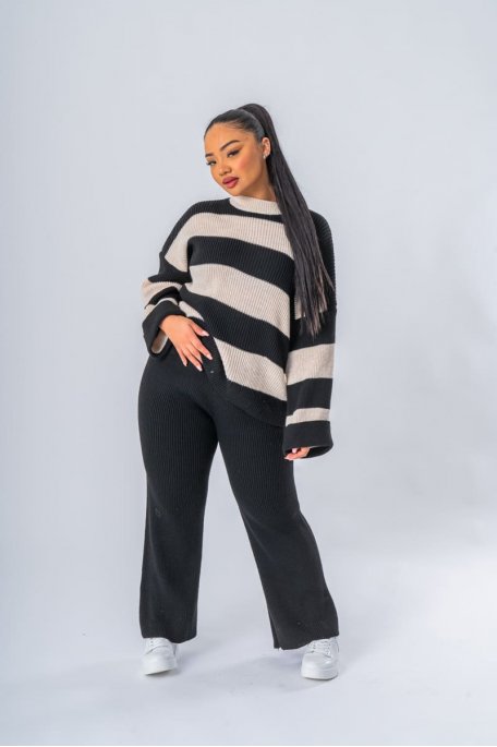 Ensemble noir à rayures pull et pantalon en maille - vue de face full