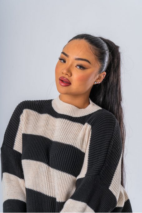 Ensemble noir à rayures pull et pantalon en maille - vue détails