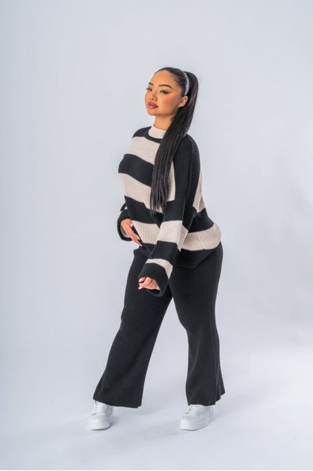 Ensemble noir à rayures pull et pantalon en maille - vue de face