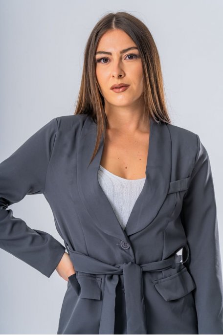 Ensemble coloris gris tailleur ceinture pantalon droit - vue de face zoom