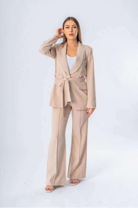 Belted suit and pants with beige zip set