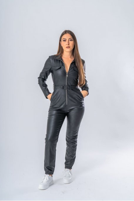 Faux leather long-sleeve zipped jumpsuit, black