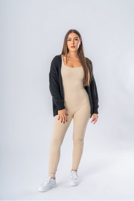 Combinaison manches longues moulante beige col carré - vue face entier
