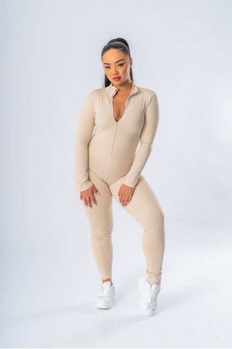 Combinaison beige zippée moulante manches longues - vue de face entier