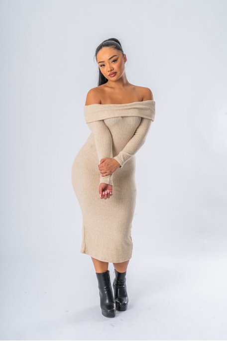 Robe en maille manches longues coloris beige col bardot - vue face entier