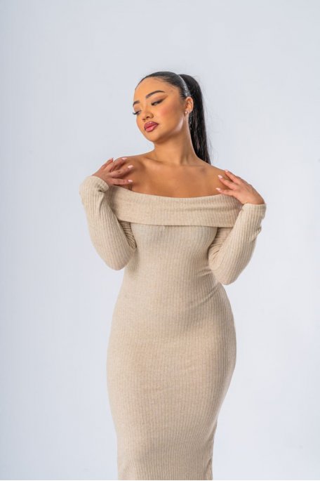 Beige bardot-neck knit dress