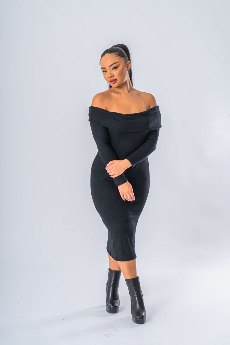 Robe noire col bardot cheap
