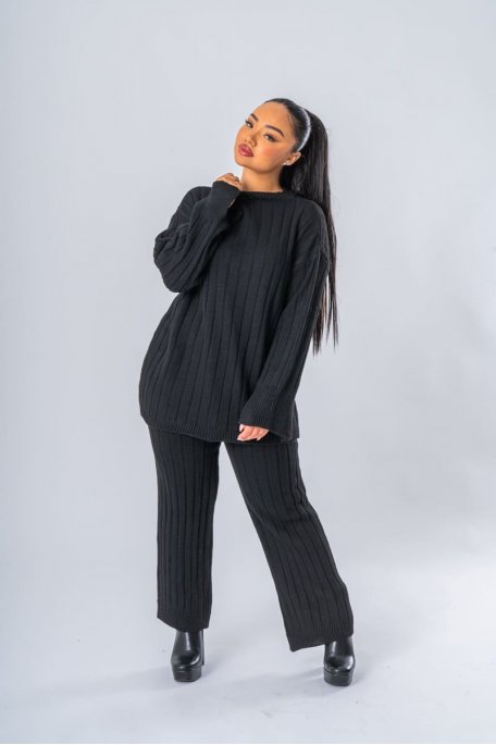 Ensemble oversize en maille pull et pantalon coloris noir - vue face entier