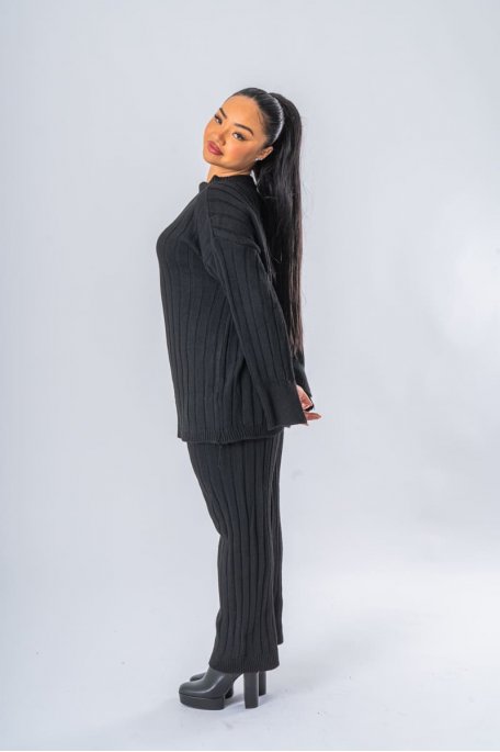 Ensemble oversize en maille pull et pantalon coloris noir - vue profil