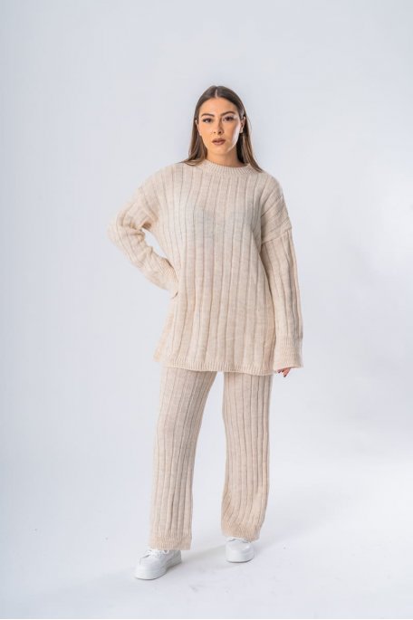 Ensemble oversize en maille pull et pantalon coloris beige - vue face entier