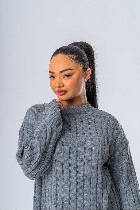 Ensemble oversize en maille pull et pantalon coloris gris - vue portrait