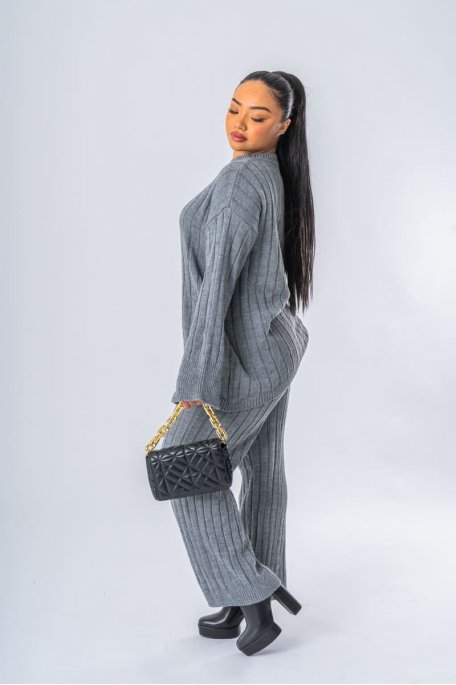 Ensemble oversize en maille pull et pantalon coloris gris - vue profil