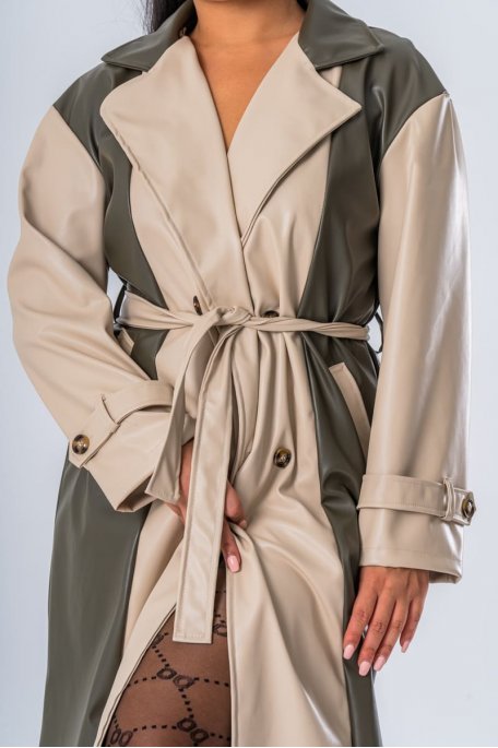 Trench coat simili cuir bicolore coloris kaki beige - vue détails