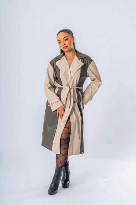 Two-tone khaki faux-leather trench coat