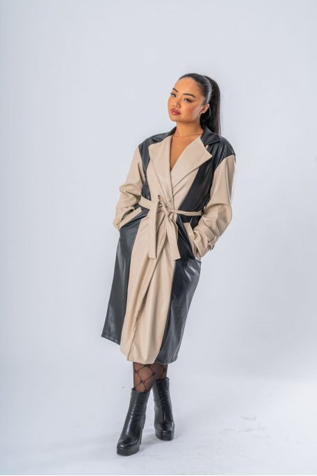 Two-tone black leatherette trench coat