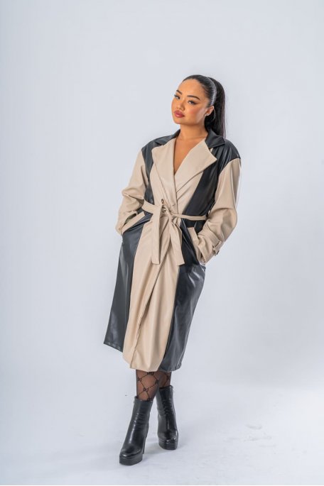 Zweifarbiger Trenchcoat aus schwarzem Kunstleder