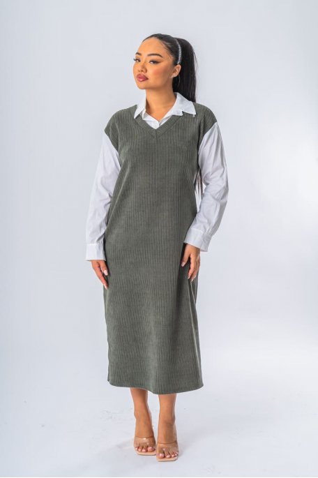 Robe pull chemise longue kaki longue - vue face