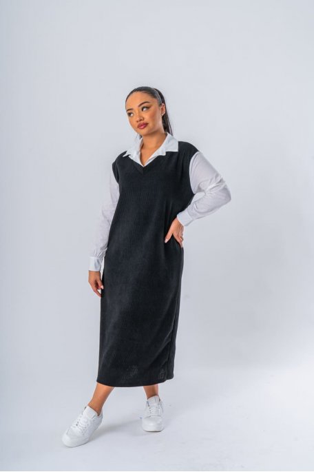 Robe pull chemise longue noir longue - vue face entier