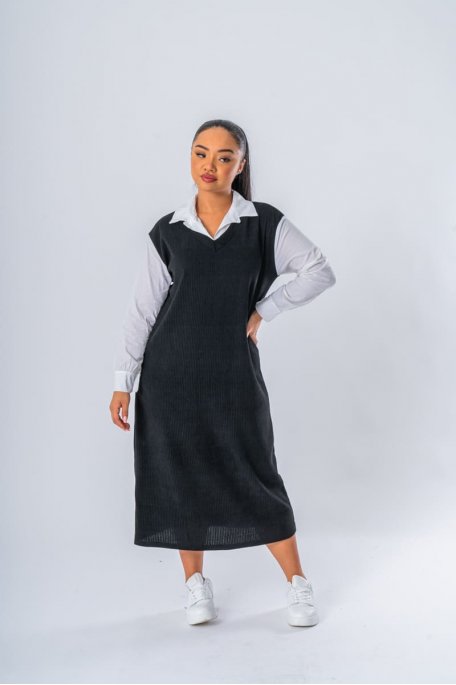 Robe pull chemise longue noir longue - vue face full entier